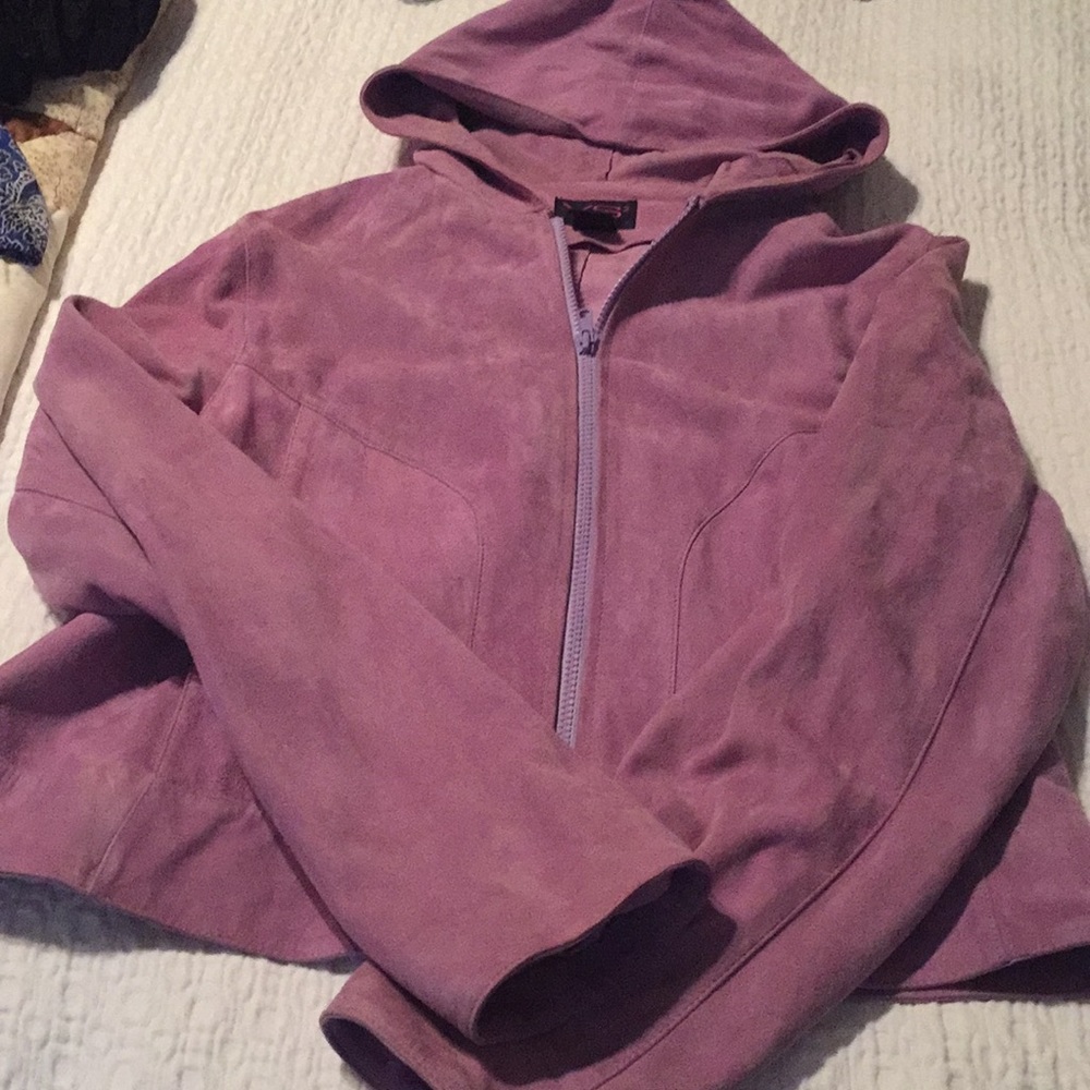Lavender suede lightweight hooded jacket.